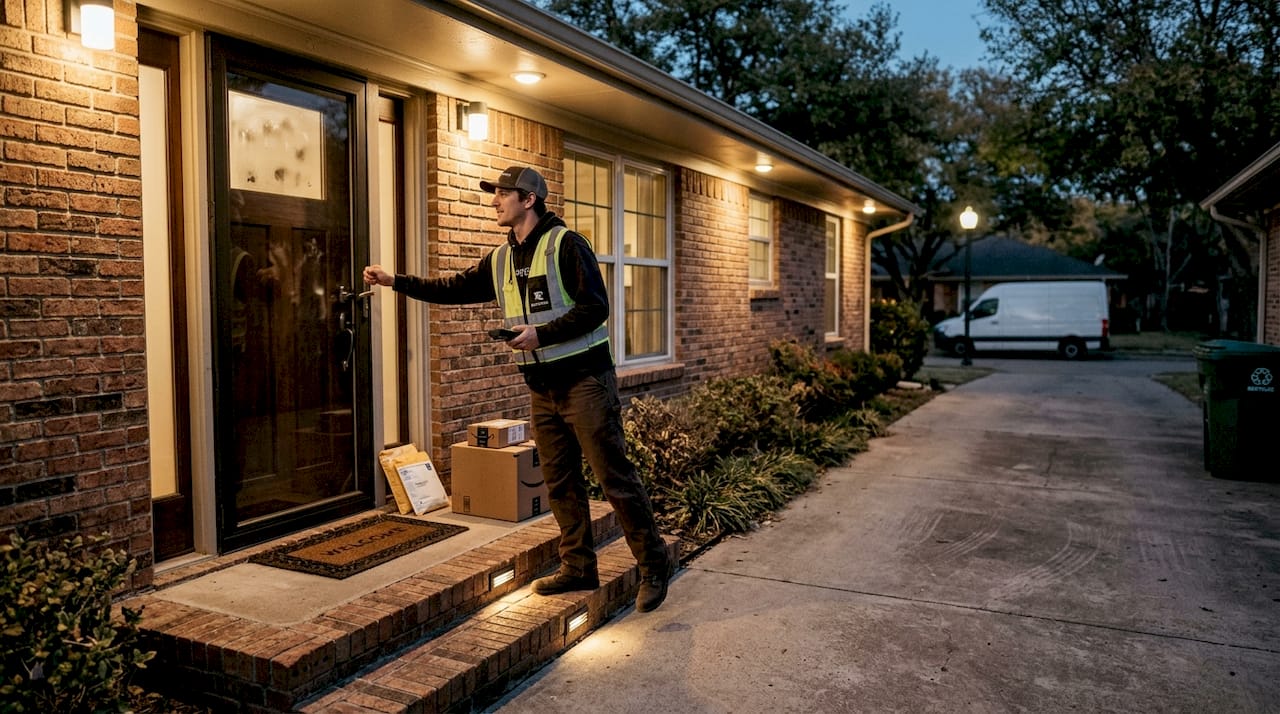 Delivery driver at well-lit entrance