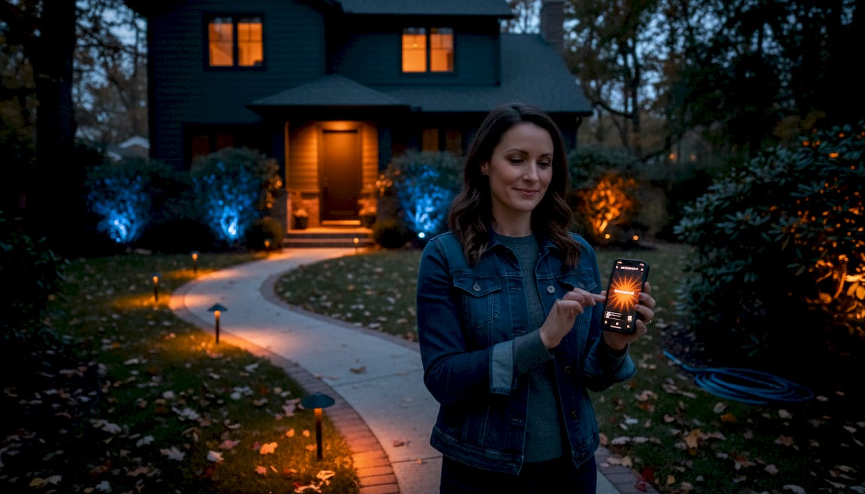 Homeowner adjusts outdoor LED lighting with phone