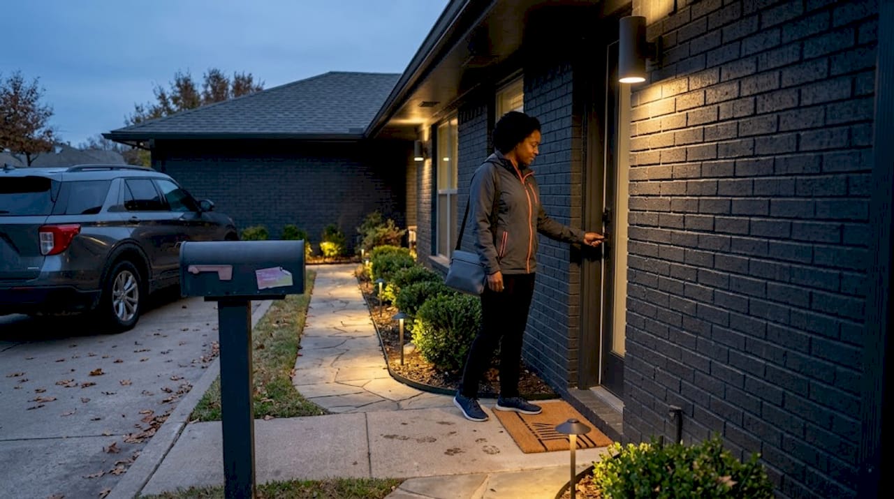 Homeowner arriving at LED-lit DFW house