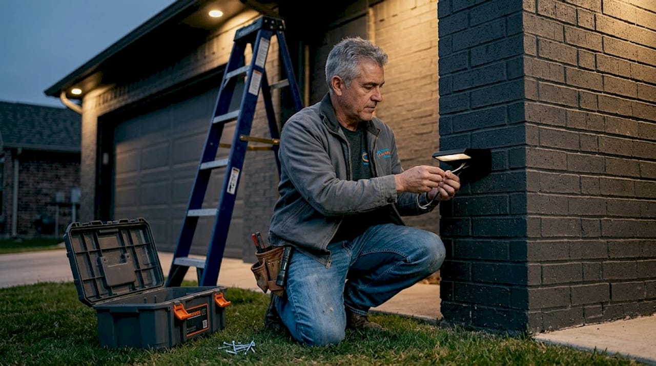 Handyman installing LED light on house exterior