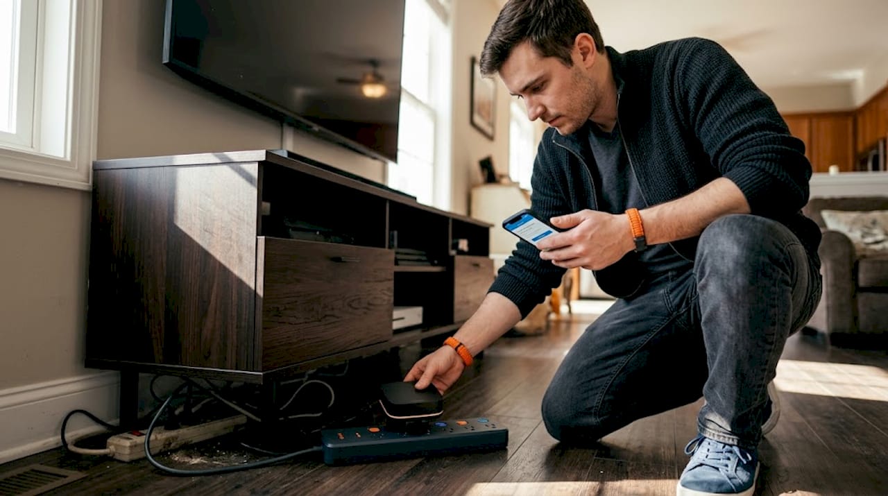 Man plugs smart hub with phone instructions