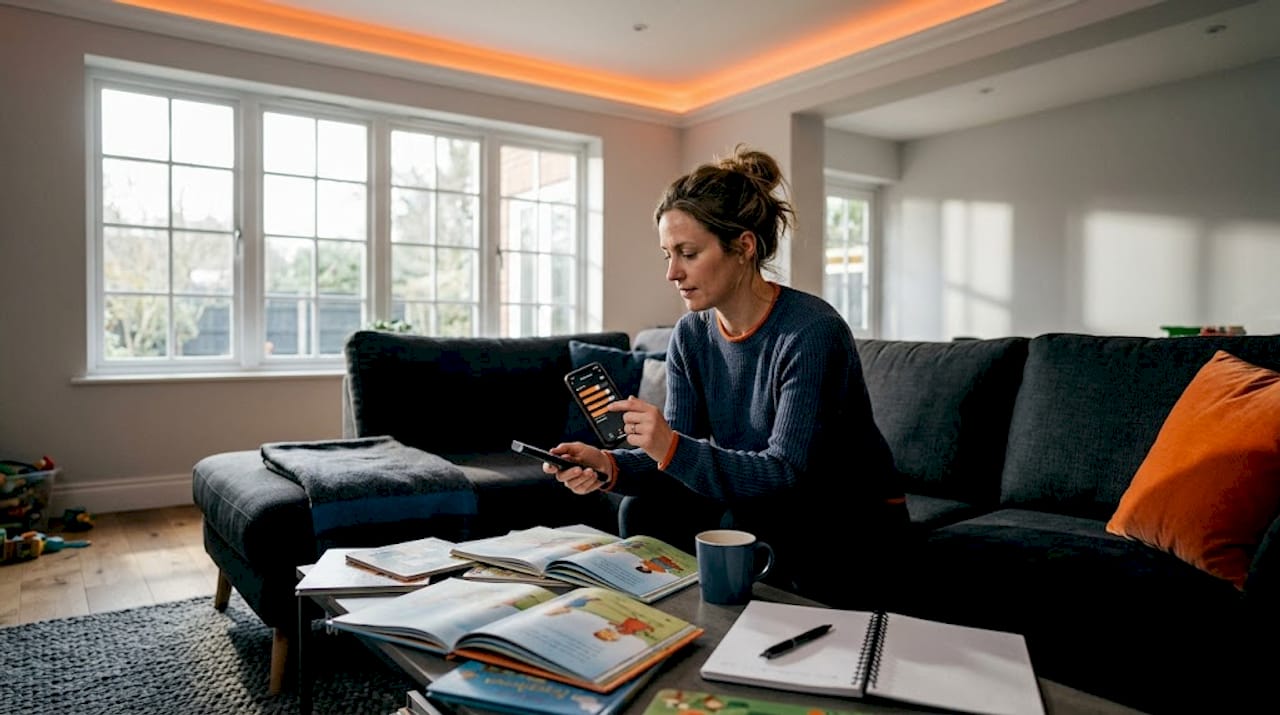 Woman using remote to adjust LED lighting