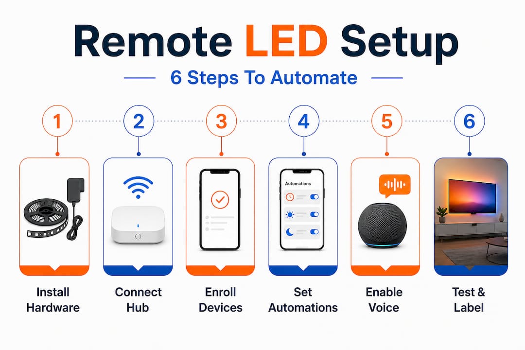 Infographic showing six-step LED remote setup workflow