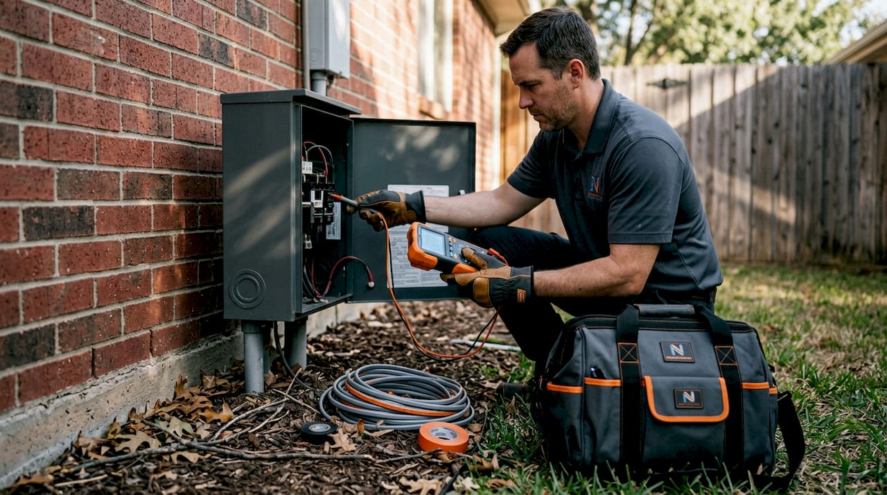 Electrician testing backyard outdoor transformer