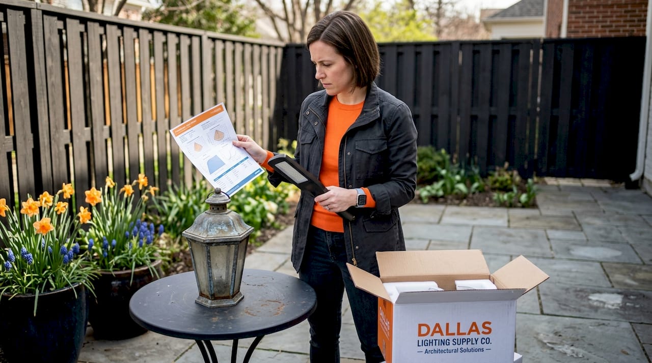 Woman comparing LED fixtures on backyard patio