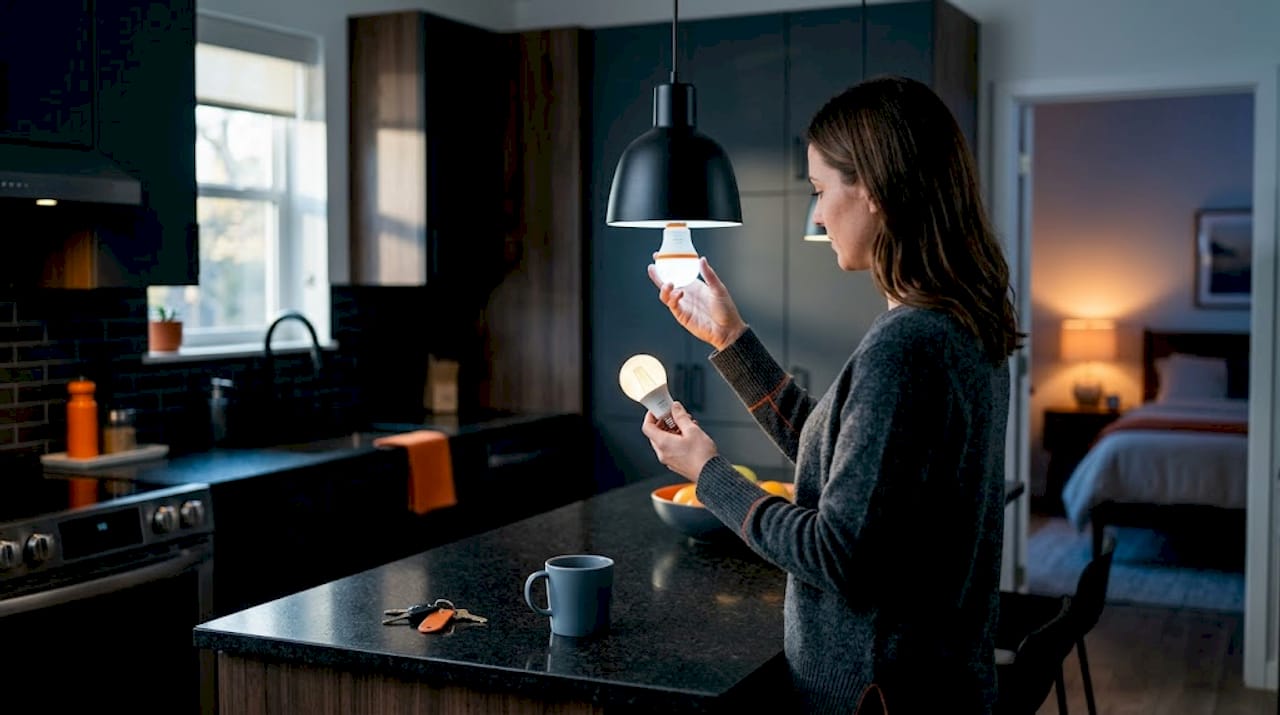Homeowner comparing LED bulb colors in kitchen