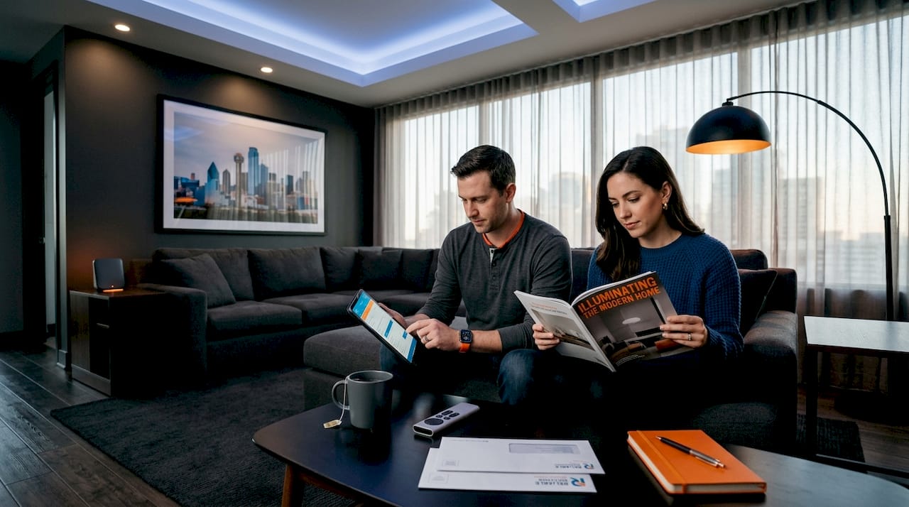 Couple relaxing in LED-lit Dallas living room