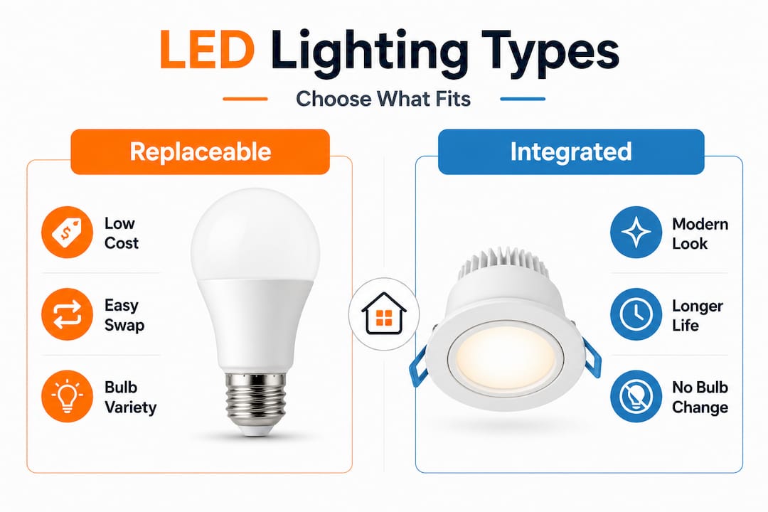 Infographic comparing replaceable versus integrated LED options