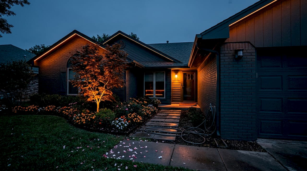 Garden accent lighting highlights house and landscaping