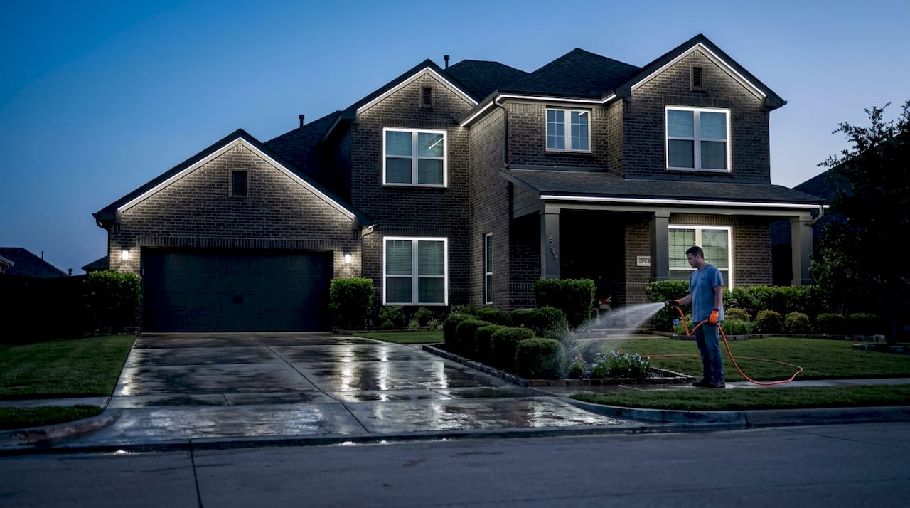 DFW home with permanent LED lighting at dusk