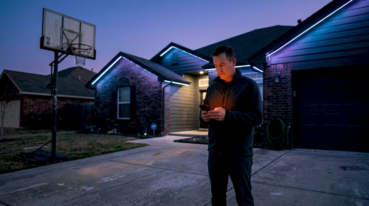 Homeowner adjusting outdoor LED lighting at dusk