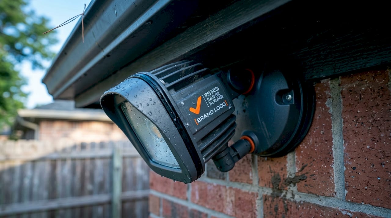 Close-up weatherproof LED fixture on home exterior