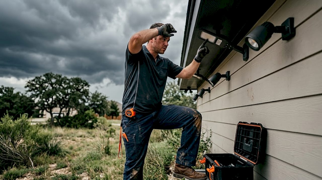 Electrician inspects weatherproof exterior lighting