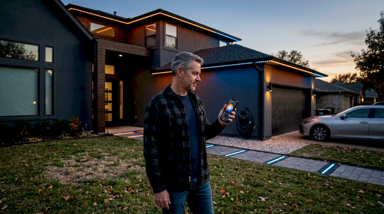 Homeowner adjusts outdoor lighting with phone