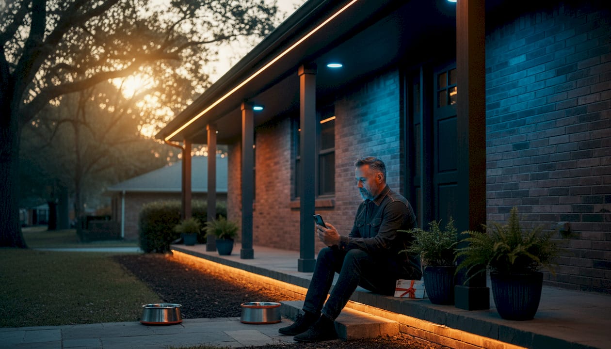 Homeowner adjusts outdoor lighting controls exterior