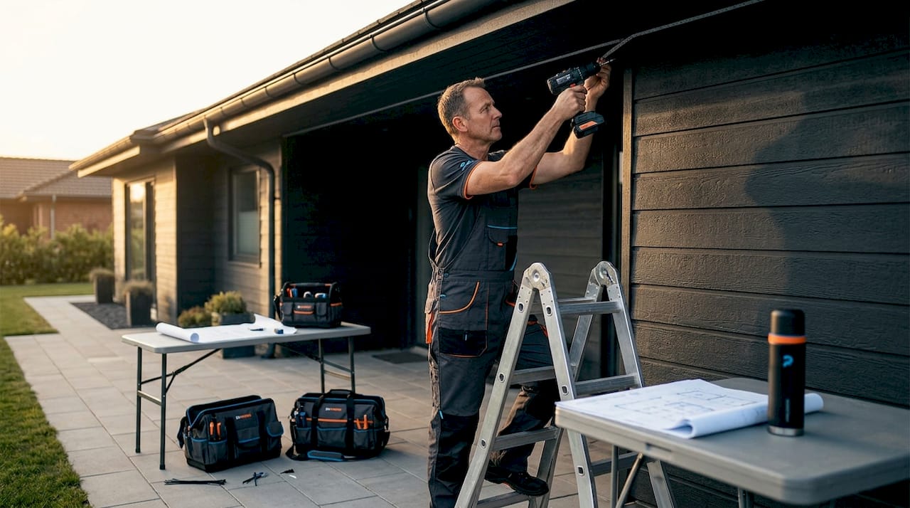 Electrician installs LED strip lighting under home eaves