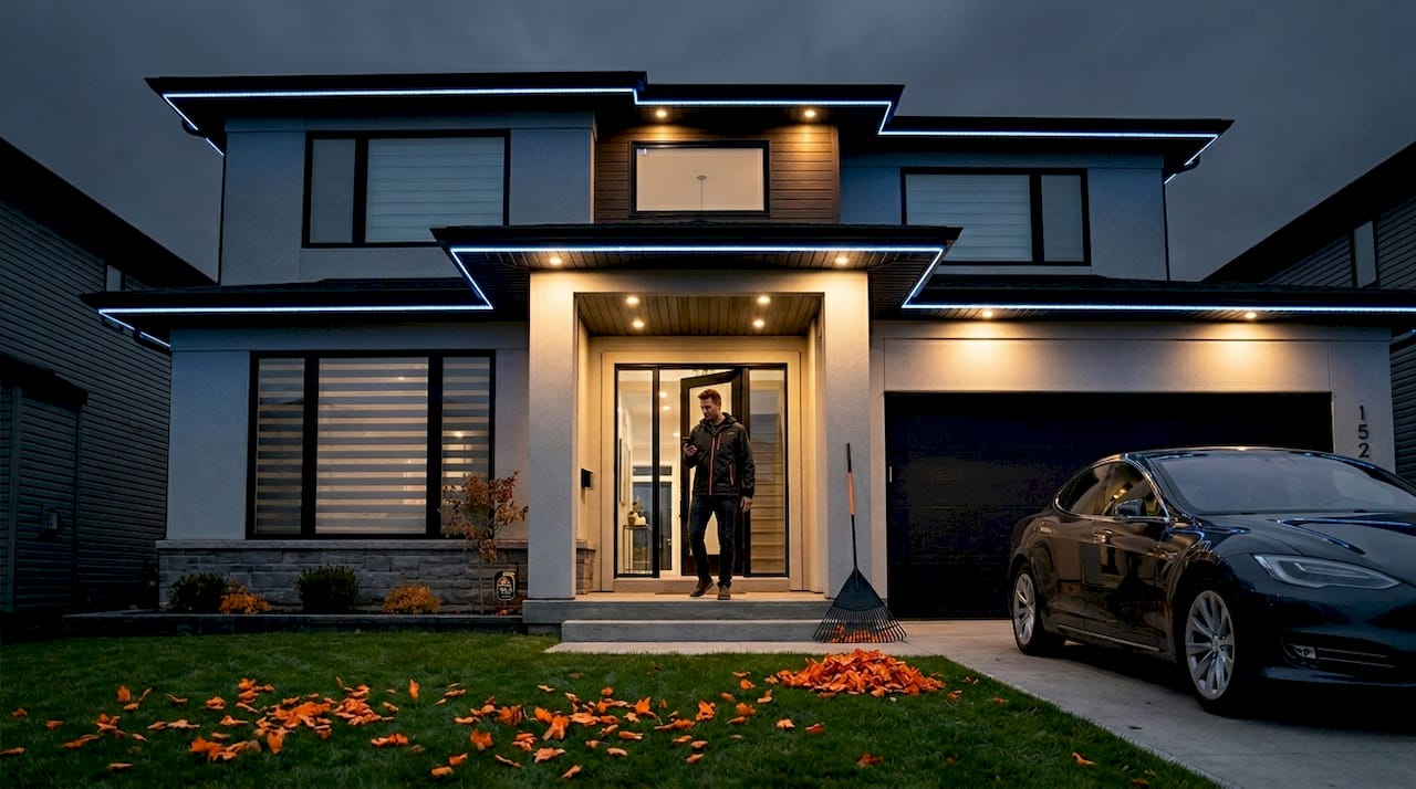 Modern home with permanent outdoor lighting at dusk