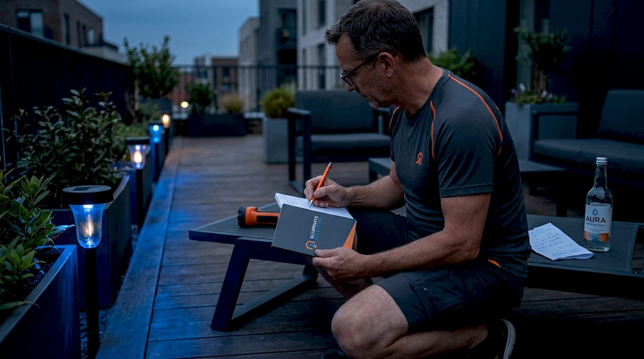 Homeowner planning outdoor lighting zones at night