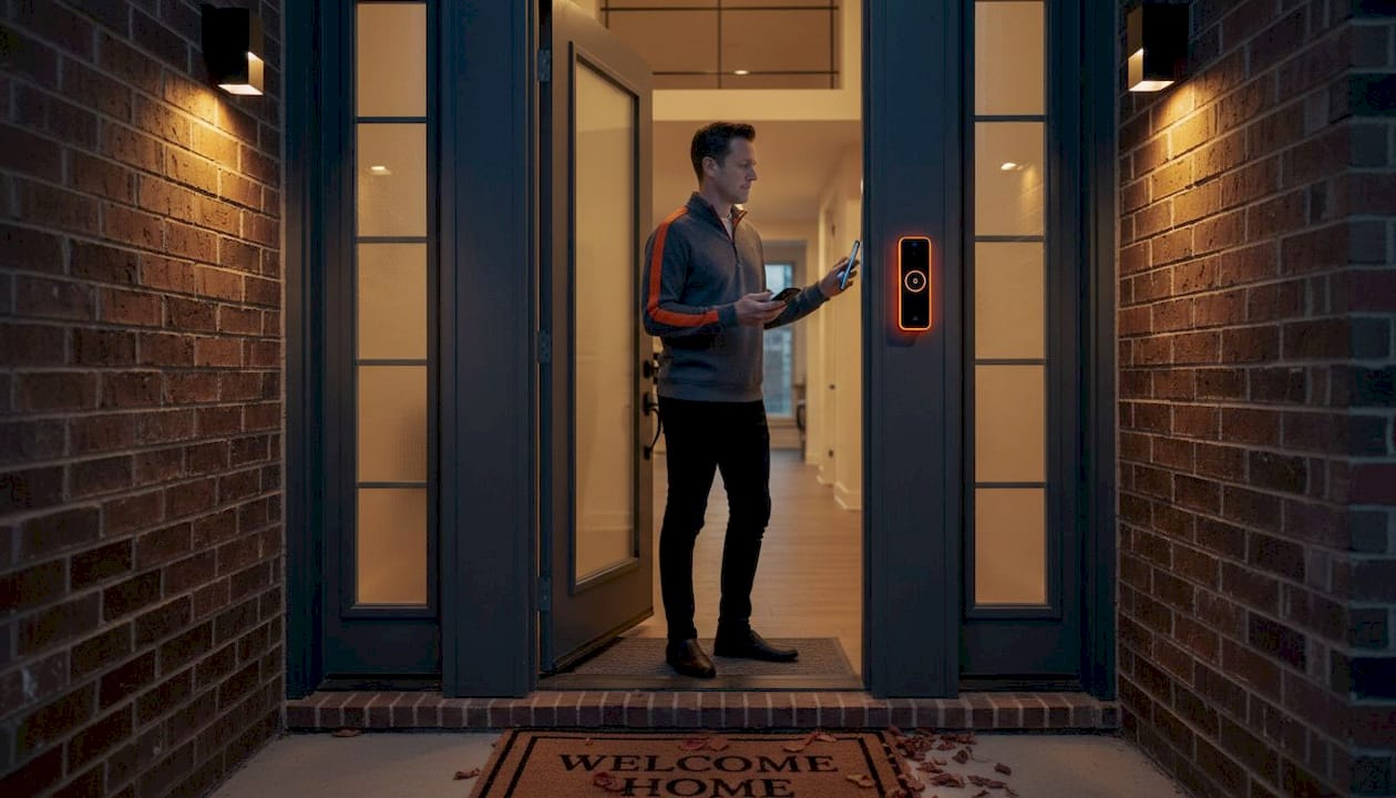 Homeowner setting smart lighting entryway panel