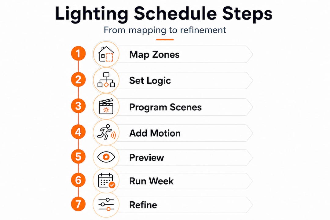 Infographic outlines lighting schedule steps for homes