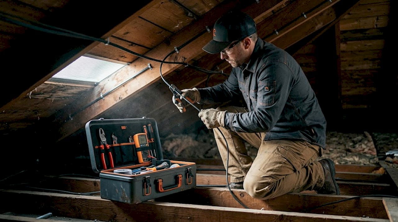 Electrician wiring attic for LED lighting