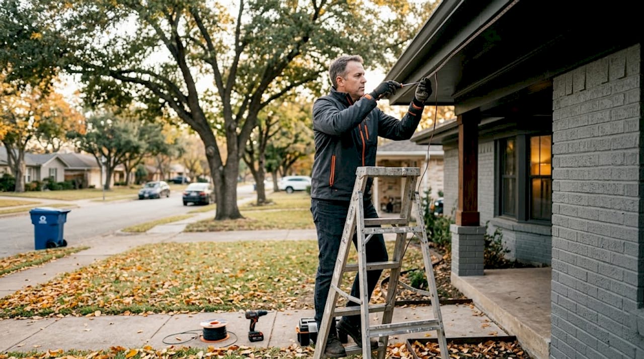 Homeowner installing outdoor LED lights on house