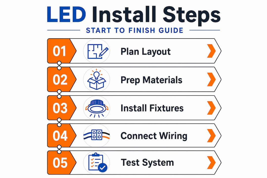 Infographic shows five LED installation steps