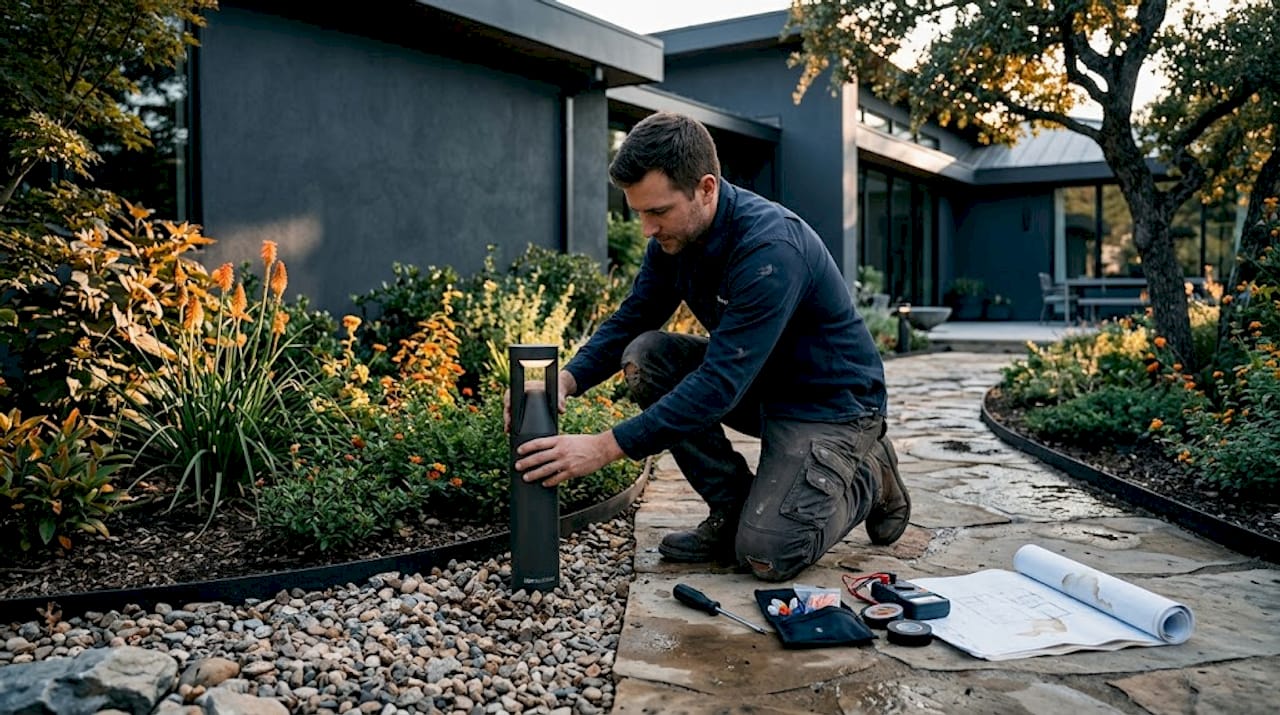 Installer adjusting LED bollard light outdoors