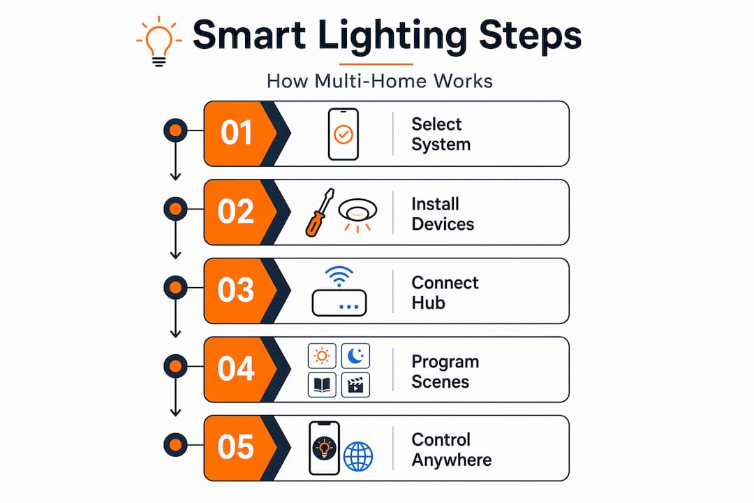 Infographic showing smart lighting setup process