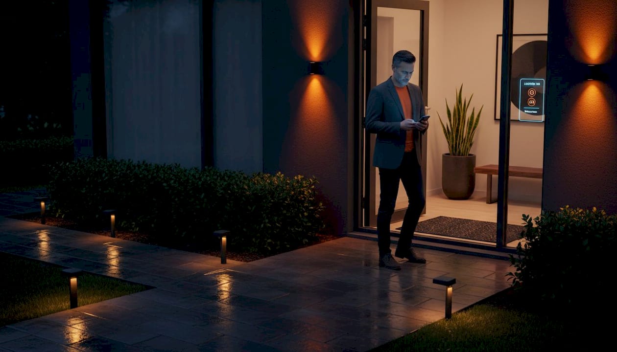 Homeowner checking smart outdoor lighting app