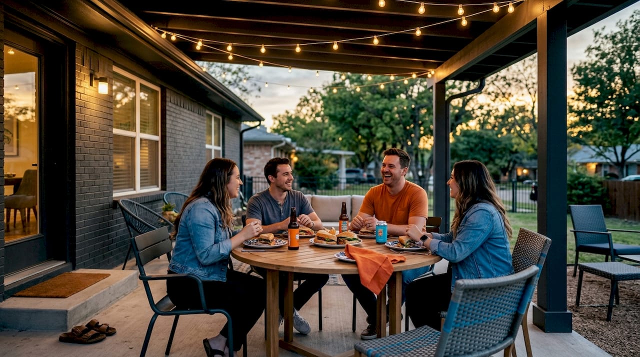 Friends gathering under warm white LED patio lights