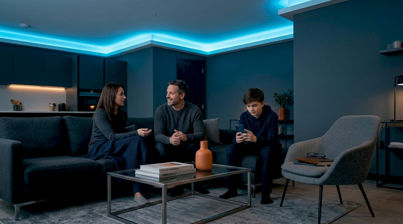 Family relaxing in living room with indirect LED lighting