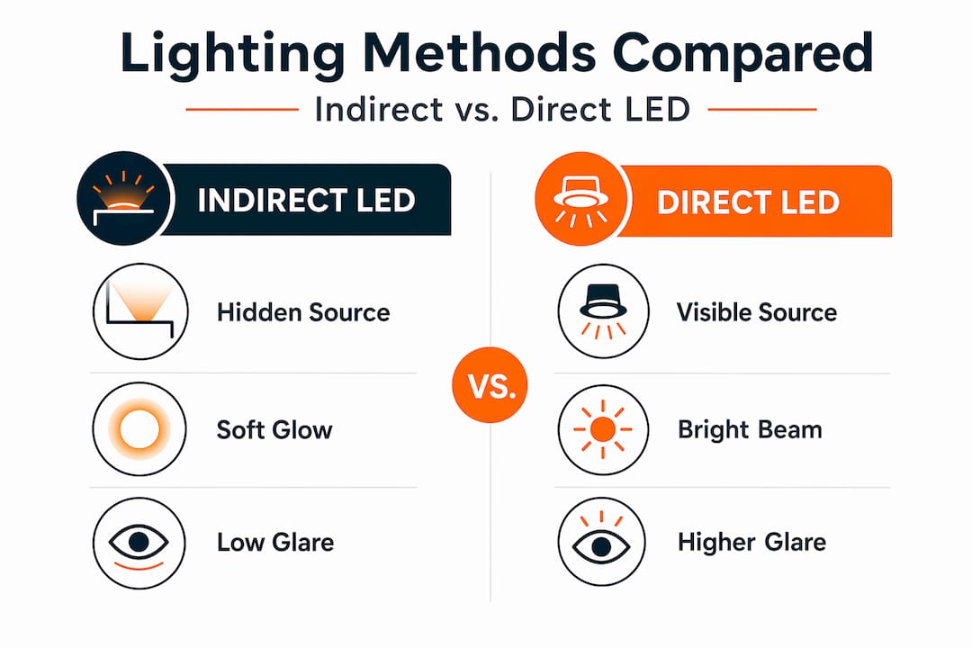 Infographic comparing indirect and direct LED lighting features