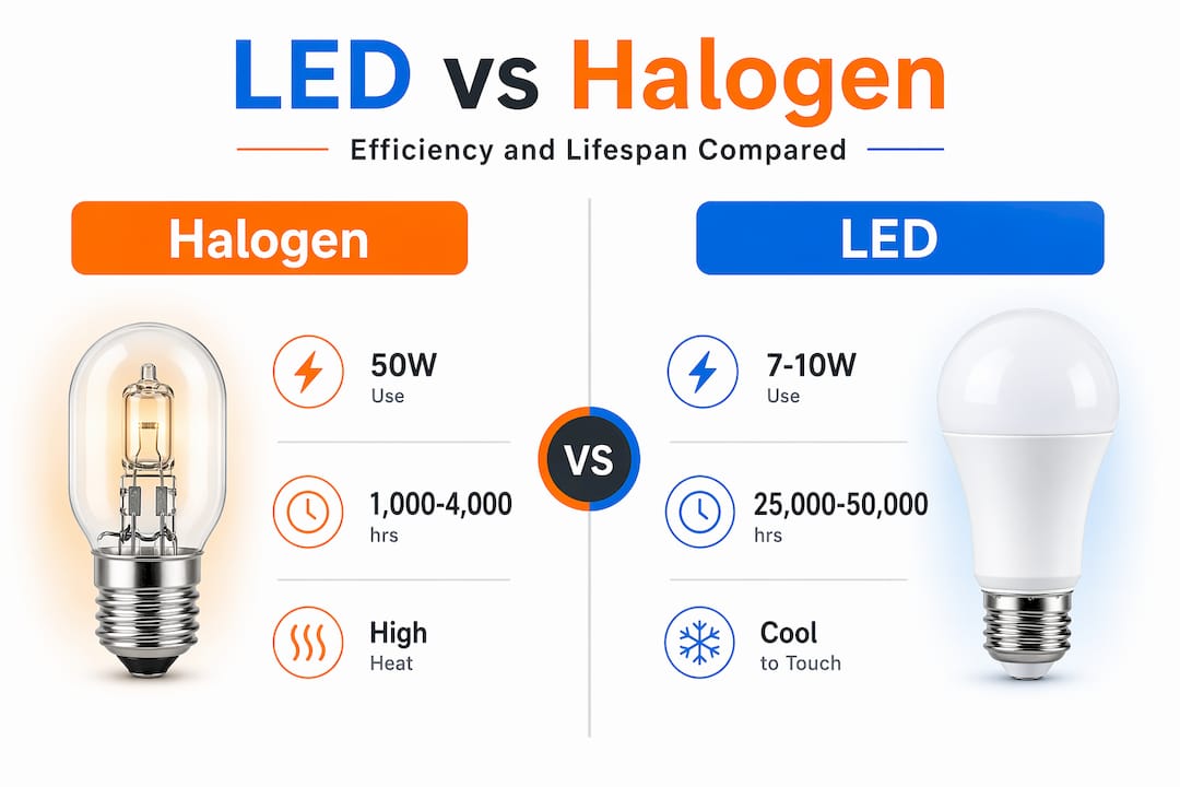 Infographic comparing LED and halogen lighting side by side