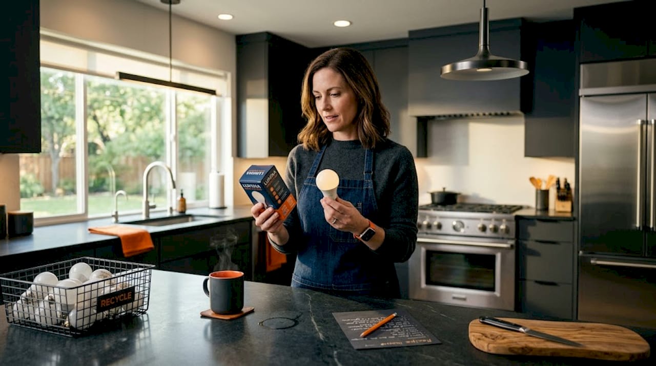 Homeowner reads LED light bulb packaging in kitchen