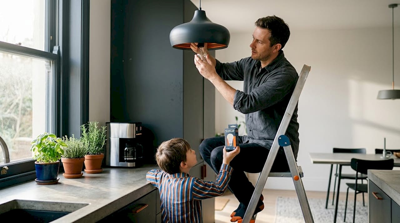 Family changes hallway light to LED bulb