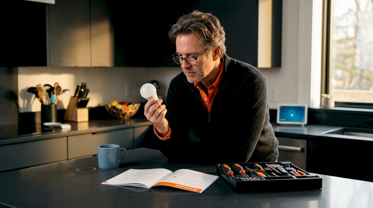Homeowner inspecting LED bulb at kitchen island