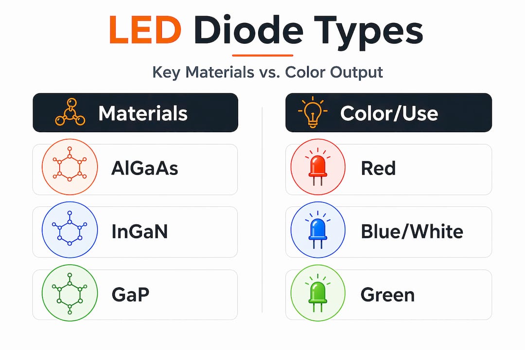 Infographic comparing LED diode types, materials and color uses