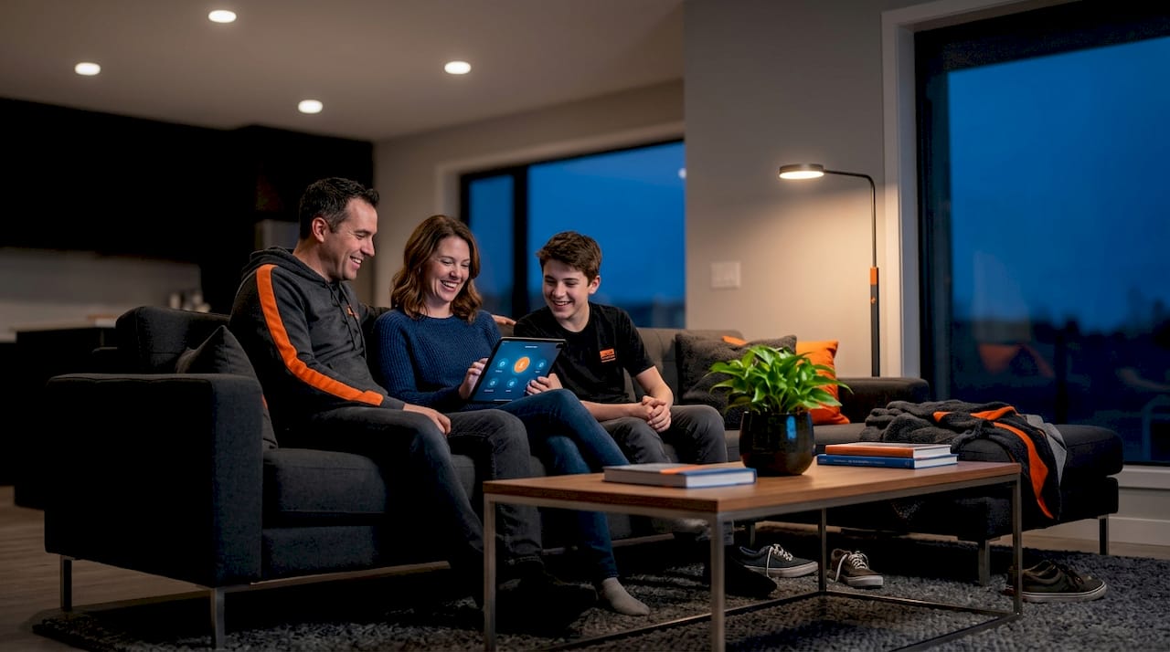 Family relaxes in living room with ambient lighting