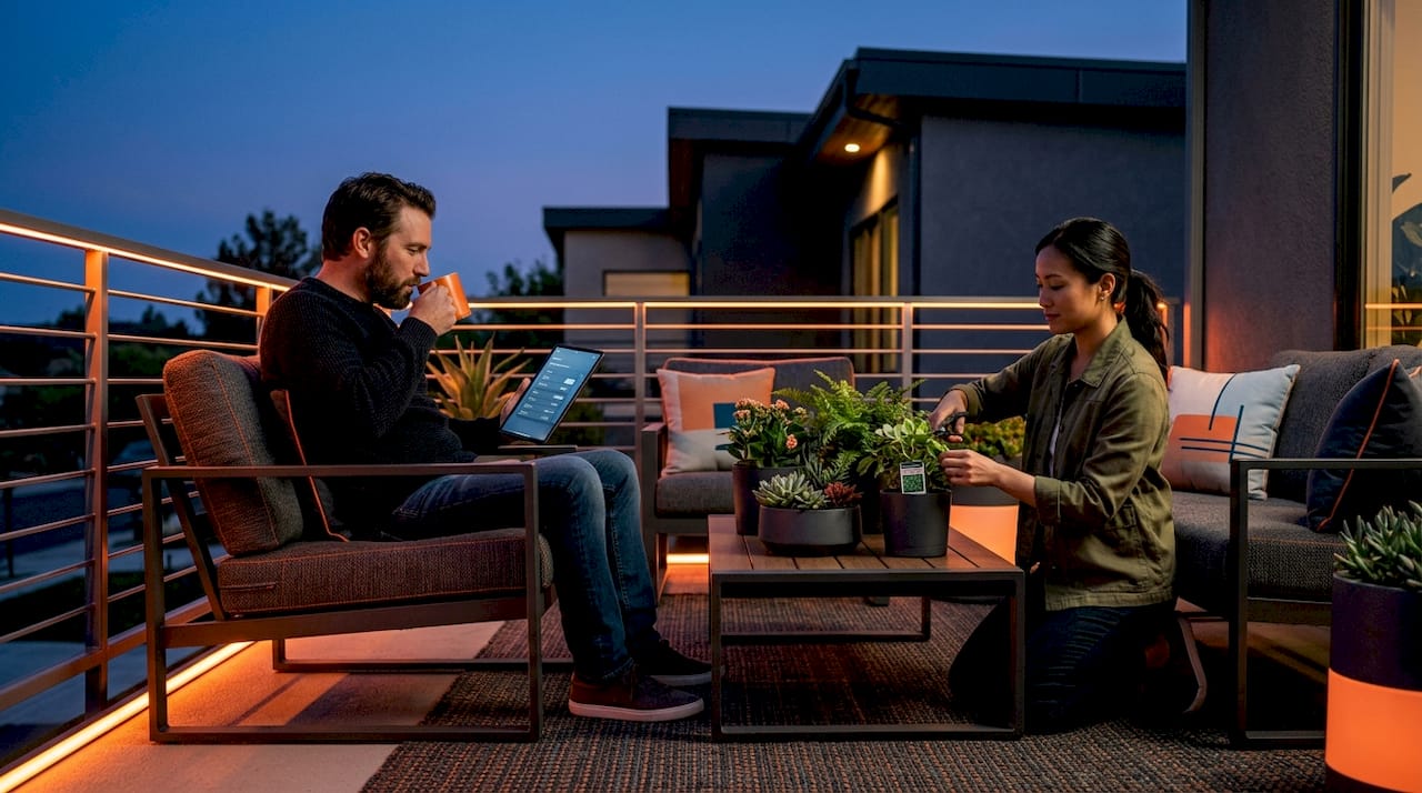 People relaxing near programmable patio lighting at night