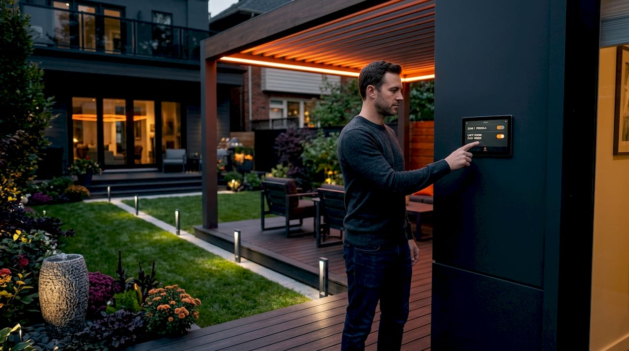 Homeowner adjusting outdoor programmable lighting at dusk
