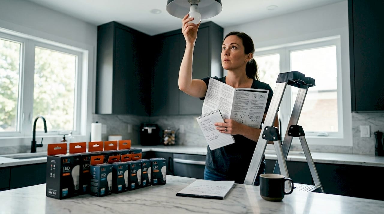 Homeowner installing LED bulb in kitchen