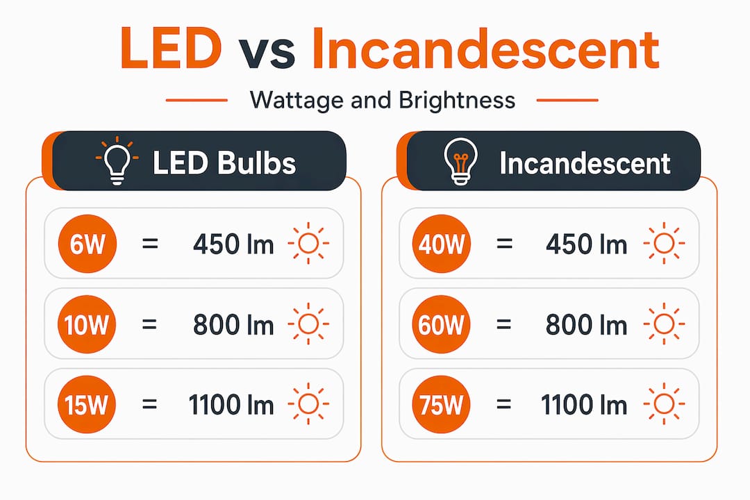 Infographic comparing LED and incandescent wattage and brightness
