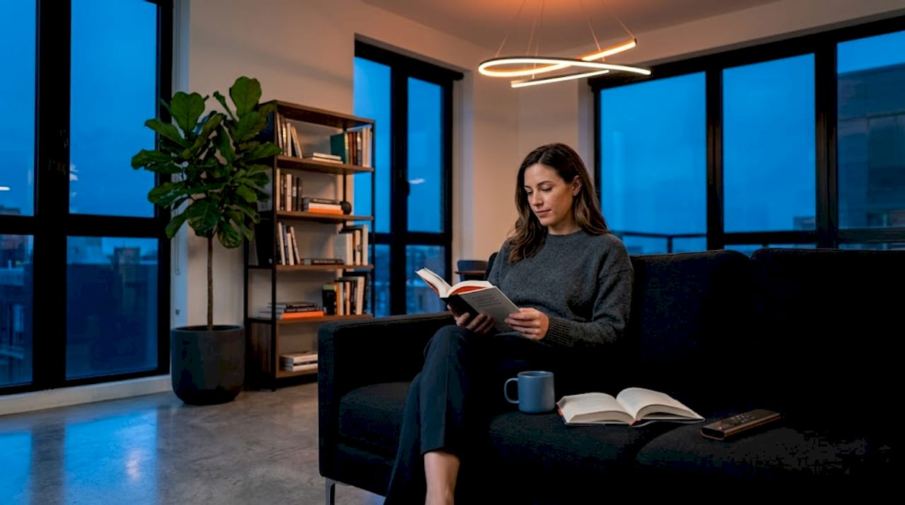 Woman reading under LED lights in living room