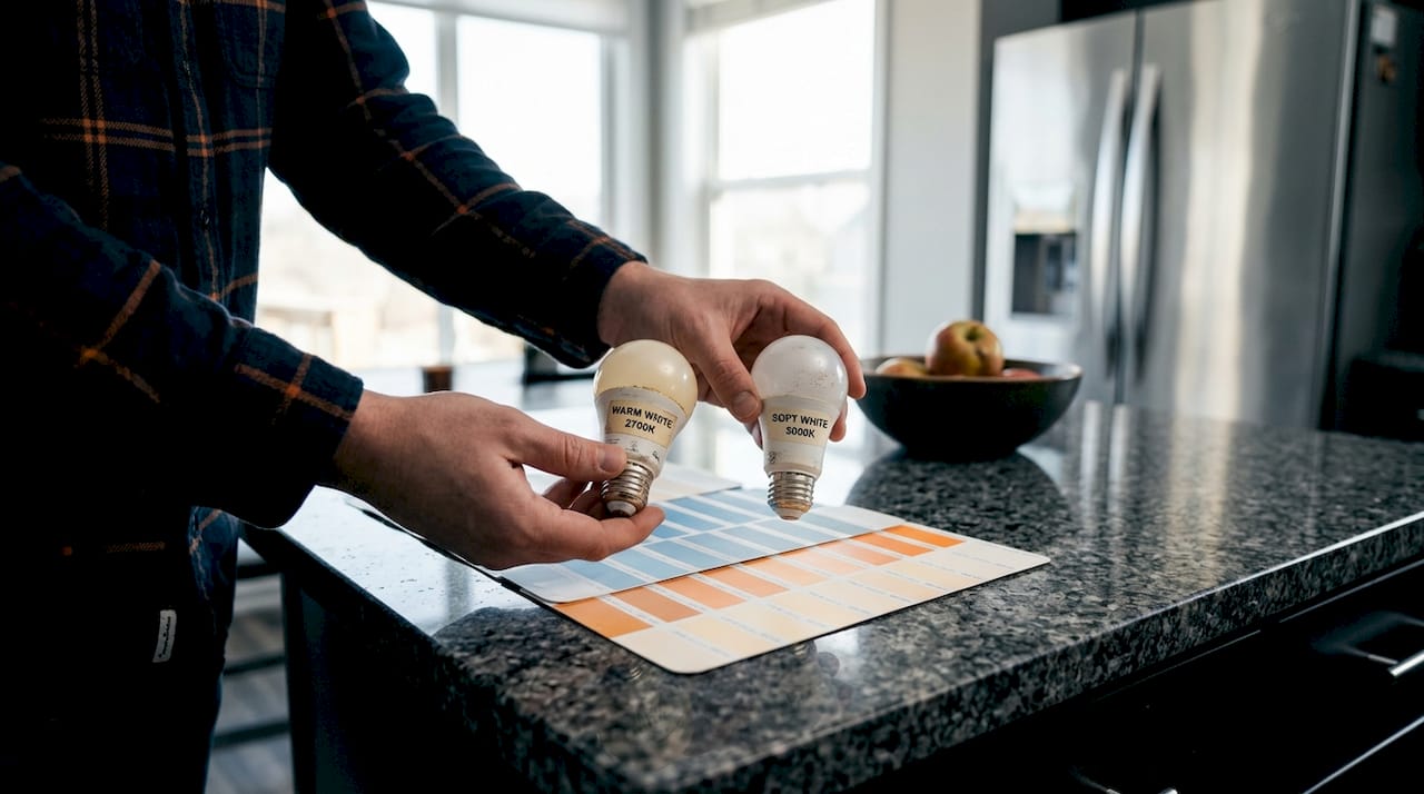 Hands comparing LED bulbs and color swatches