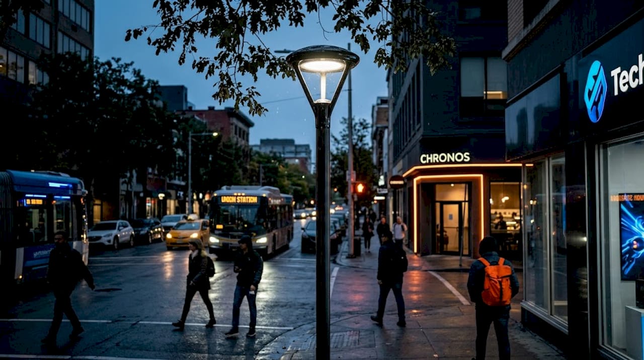 Modern LED fixture illuminating urban intersection