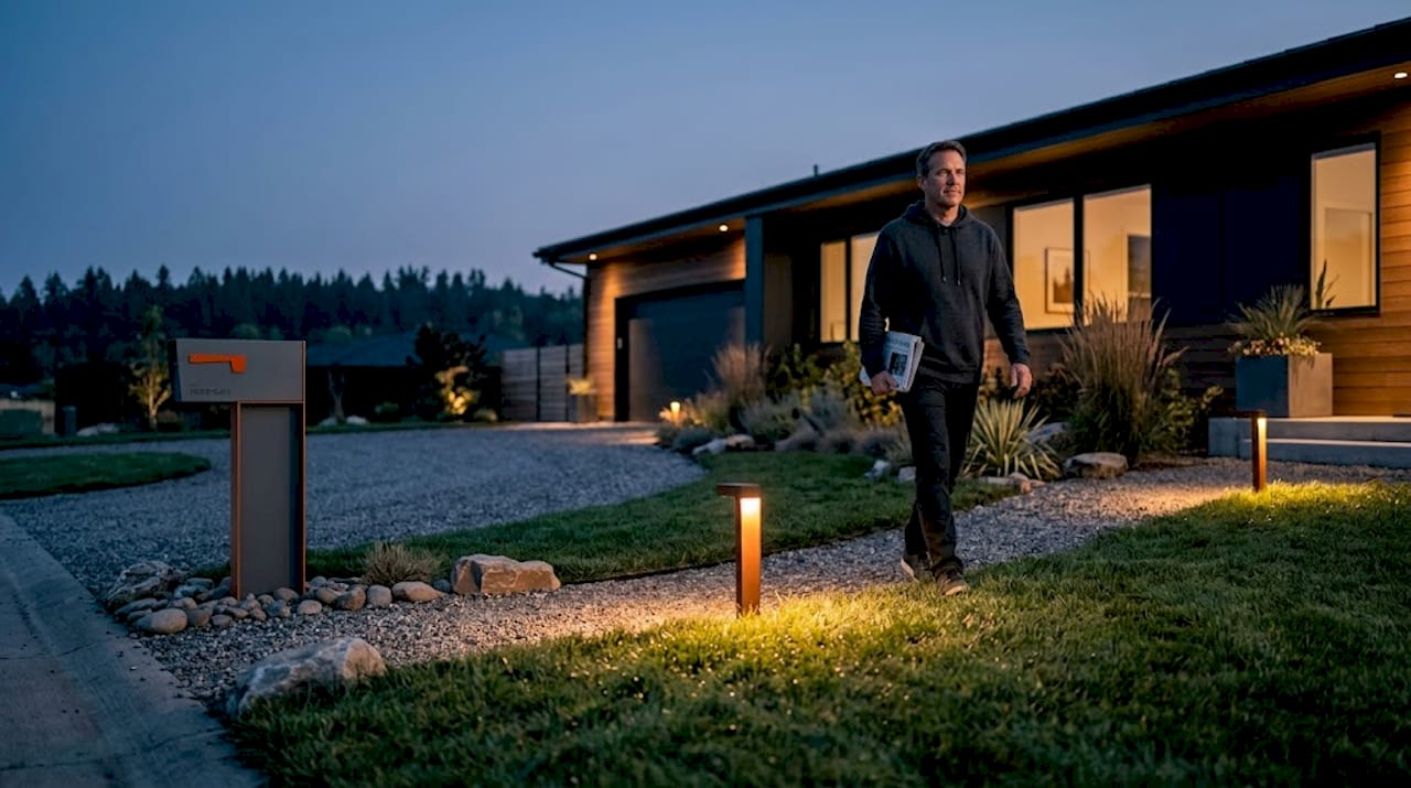 Man walks along LED-lit front walkway at night
