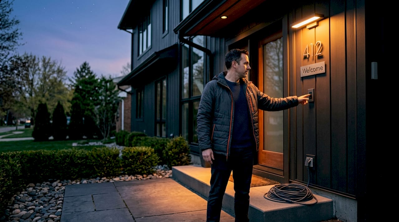Homeowner switching on LED porch light at dusk