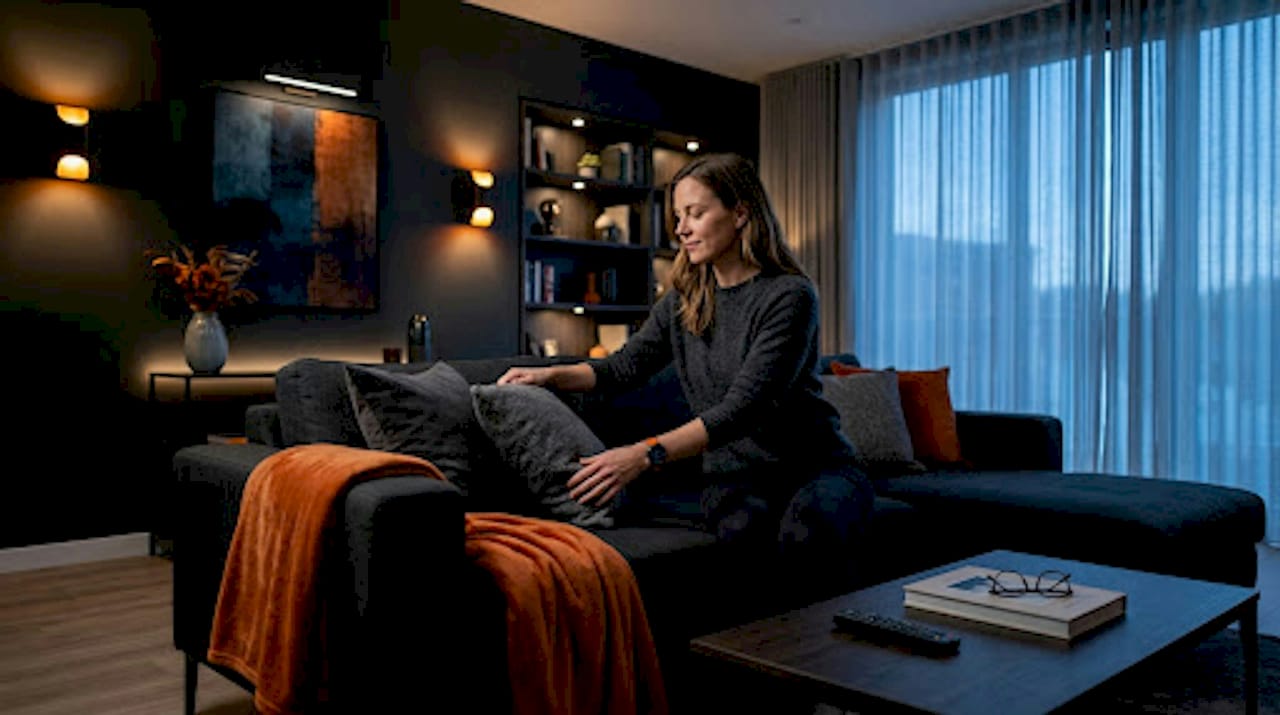 Woman arranging pillows under cozy accent lights