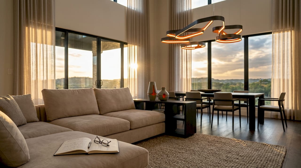 Modern Texas home living room with sculptural lighting
